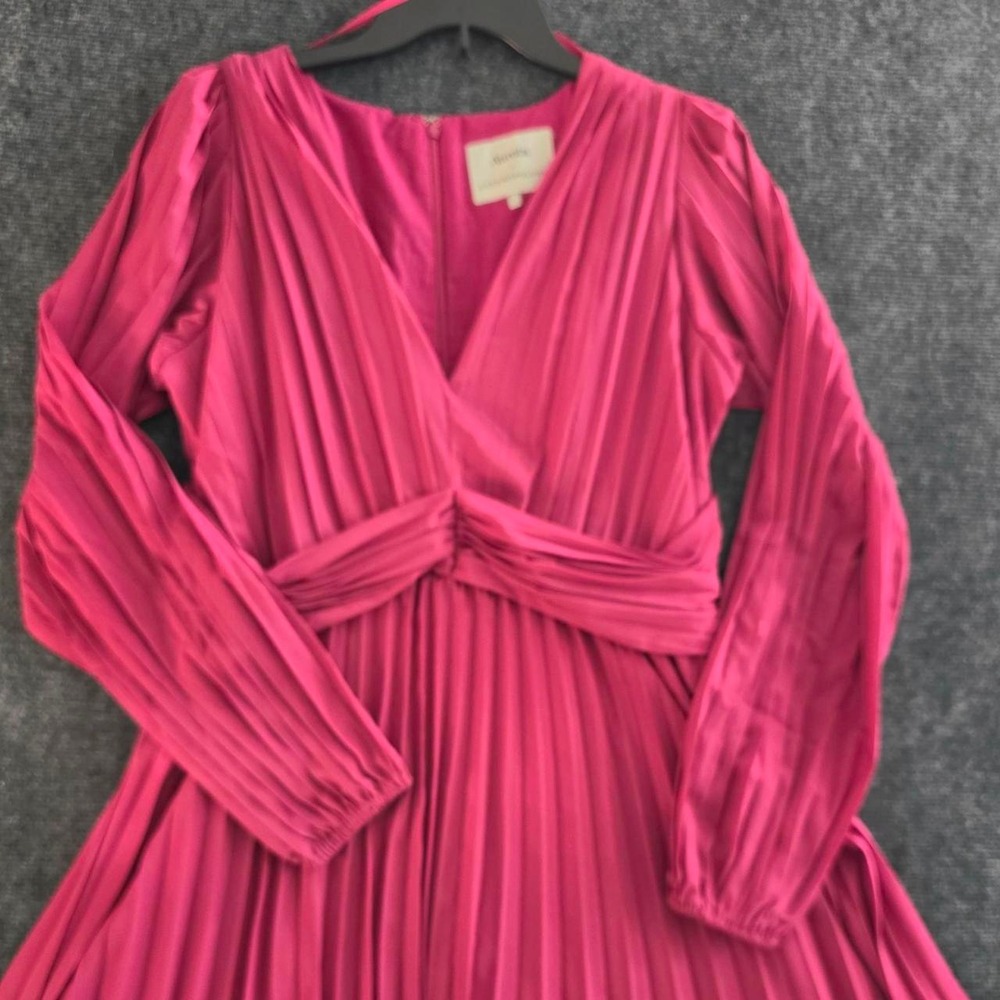 Aureta x Anthropologie Pleated V Neck Mini Dress Raspberry Pink Womens Large